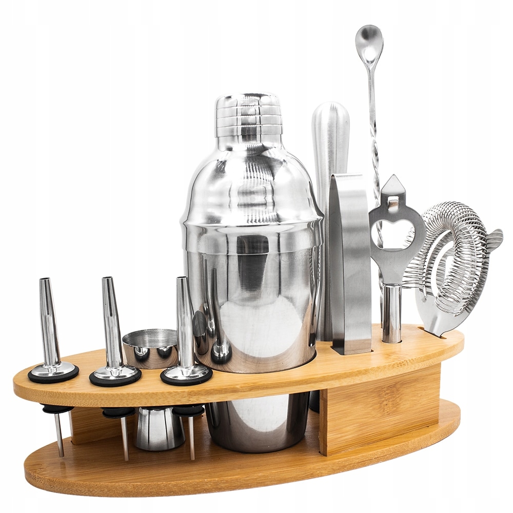 BARMANSKÝ SET na nápoje, bambusový podstavec. 11 kusov